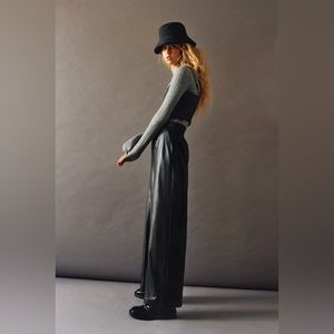 ZARA • Black Faux Leather Elastic Waist Wide Leg Pants